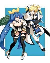 Rule 34 | 1boy, 1girl, angel wings, arms behind back, asymmetrical wings, bare shoulders, black panties, black thighhighs, blonde hair, blue background, blue eyes, blue hair, blush, border, breasts, choker, cleavage, couple, detached collar, detached sleeves, dizzy (guilty gear), ebi pri shrimp, full body, guilty gear, guilty gear xrd, hair between eyes, hair ribbon, hair rings, hetero, hug, hug from behind, hugging tail, husband and wife, ky kiske, large breasts, lifting person, long hair, looking at another, mini wings, monster girl, panties, ponytail, red eyes, ribbon, sidelocks, simple background, smile, tail, tail ornament, tail ribbon, tail wrap, thigh gap, thigh strap, thighhighs, thighs, twintails, underwear, white border, wings, yellow ribbon