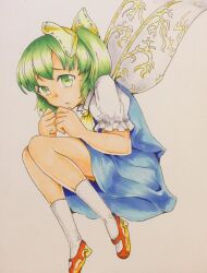 Rule 34 | 1girl, ascot, blue skirt, blue vest, bow, collared shirt, daiyousei, fairy wings, from side, full body, green eyes, green hair, hair bow, looking at viewer, marker (medium), mary janes, medium hair, one side up, own hands together, puffy short sleeves, puffy sleeves, red footwear, shirt, shoes, short sleeves, skirt, skirt set, socks, solo, touhou, traditional media, umikaji, vest, white shirt, white socks, wings, yellow ascot, yellow bow