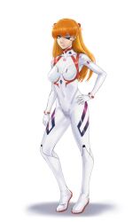 Rule 34 | 1girl, artist request, blue eyes, bodysuit, breasts, evangelion: 3.0+1.0 thrice upon a time, eyepatch, full body, gloves, hair ornament, highres, long hair, looking at viewer, medium breasts, neon genesis evangelion, plugsuit, rebuild of evangelion, shiny clothes, simple background, solo, souryuu asuka langley, standing, white bodysuit