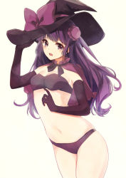 Rule 34 | 1girl, alternate costume, arched back, bikini, breasts, cowboy shot, detached sleeves, double bun, elbow gloves, gloves, hat, kashiwagi chisame, long hair, looking at viewer, medium breasts, midriff, navel, open mouth, patchouli knowledge, purple bikini, purple eyes, purple hair, simple background, solo, stomach, swimsuit, thighs, touhou, witch hat