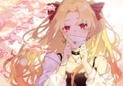 Rule 34 | 1girl, bare shoulders, black dress, black nails, blonde hair, blush, bow, bracelet, commentary request, covered mouth, dress, earrings, envelope, ereshkigal (fate), eyebrows hidden by hair, fate/grand order, fate (series), fingernails, flower, fujikiri yana, hair between eyes, hair bow, hands up, holding, holding envelope, infinity symbol, jacket, jewelry, long hair, nail polish, nose blush, off shoulder, open clothes, open jacket, parted bangs, petals, pink flower, red bow, red eyes, sleeveless, sleeveless dress, solo, two side up, upper body, very long hair, white jacket