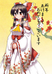 Rule 34 | 1girl, adapted costume, ascot, black hair, blush, bow, collarbone, cowboy shot, detached sleeves, floral print, gonzaburo, hair bow, hair tubes, hakurei reimu, japanese clothes, looking at viewer, miko, red bow, red eyes, ribbon-trimmed sleeves, ribbon trim, smile, solo, touhou, translation request, wide sleeves