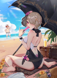 Rule 34 | 1boy, 1girl, absurdres, ass, back, barefoot, beach, beach mat, beach umbrella, black one-piece swimsuit, blue sky, brown hair, captain (honkai impact), cloud, cloudy sky, flip-flops, flower, food, fruit, full body, hair flower, hair ornament, hair over one eye, hat, highres, holding, holding food, honkai (series), honkai impact 3rd, lemon, lemon juice, lemon slice, looking at viewer, looking back, male swimwear, military hat, multicolored one-piece swimsuit, navel, nipples, one-piece swimsuit, pink flower, popsicle, purple eyes, purple flower, red hair, rita rossweisse, sandals, short hair, sitting, sky, soles, starfish, straw hat, sunglasses, swim trunks, swimsuit, toes, topless male, umbrella, wariza, waves, white headwear, white male swimwear, white one-piece swimsuit, white swim trunks, wucanming