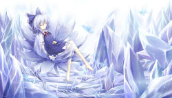 Rule 34 | 1girl, barefoot, blue hair, blush, bow, bug, butterfly, cirno, cloudy.r, dress, closed eyes, hair bow, highres, ice, ice wings, bug, puffy sleeves, short hair, short sleeves, sitting, sleeping, smile, solo, touhou, wings, zzz36951