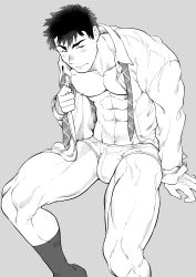 Rule 34 | 1boy, abs, absurdres, bara, bare pectorals, blush, briefs, bulge, chabashira tatsukichi, feet out of frame, greyscale, highres, leaning forward, looking at viewer, male focus, male underwear, monochrome, muscular, muscular male, navel, necktie, nipples, no pants, nose blush, open clothes, open shirt, original, pectorals, salaryman, short hair, sideburns, sitting, socks, solo, stomach, thick thighs, thighs, underwear, undone necktie, undressing another