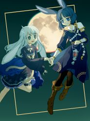 Rule 34 | 2girls, :d, alternate costume, animal ears, aqua eyes, arm at side, azusa mifuyu, black pantyhose, blue dress, blue eyes, blue hair, blunt bangs, boots, bow, bowtie, brown footwear, bunnycillin, closed mouth, colored eyelashes, cross hair ornament, dress, ears down, feet out of frame, floating, full body, gradient background, green background, grey hair, grey kimono, hair horns, hair ornament, highres, holding hands, holding lamp, japanese clothes, kimono, kimono skirt, knee boots, long hair, long sleeves, looking at another, lop rabbit ears, magia record: mahou shoujo madoka magica gaiden, mahou shoujo madoka magica, moon, multiple girls, nanami yachiyo, obi, official alternate hair length, official alternate hairstyle, open mouth, pantyhose, parted bangs, pleated kimono, puffy long sleeves, puffy sleeves, rabbit ears, sash, short hair, short kimono, smile, swept bangs, thighlet, wide sleeves, yellow bow, yellow bowtie