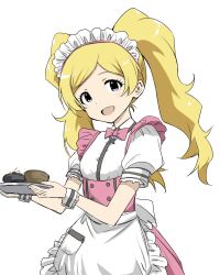 Rule 34 | 1girl, anmitsu (dessert), apron, blonde hair, blush, bow, bowtie, breasts, collar, cowboy shot, dessert, dot nose, dress, emily stewart, eyelashes, fluffy hair, food, frilled apron, frilled dress, frilled shirt, frills, highres, holding, holding plate, idolmaster, idolmaster million live!, idolmaster million live! theater days, lace, lace-trimmed shirt, lace trim, looking at viewer, matcha kingyo, official alternate costume, open mouth, parted bangs, pink bow, pink bowtie, plate, pocket, shirt, simple background, small breasts, smile, solo, twintails, waitress, white apron, white background, white collar