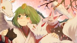 Rule 34 | 1girl, alternate costume, animal, bird, blush, branch, cat, closed mouth, crying, crying with eyes open, dragon, flower, fox, green eyes, green hair, gumi, hair ornament, hairband, highres, japanese clothes, kimono, licking, licking another&#039;s cheek, licking another&#039;s face, matching hair/eyes, milimilihosi, pig, rope, shide, shimenawa, short hair, shrine, smile, solo, surrounded, tears, upper body, vocaloid