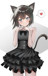 Rule 34 | 1girl, absurdres, animal ear fluff, animal ears, bare shoulders, black bow, black bowtie, black dress, black hair, blue eyes, blush, bow, bowtie, breasts, cat ears, cat girl, cat tail, commentary, cowboy shot, dress, heart, highres, looking at viewer, nanahoshi teru, original, own hands together, short hair, sleeveless, sleeveless dress, small breasts, smile, solo, spoken heart, standing, symbol-only commentary, tail