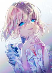 Rule 34 | 1girl, blonde hair, blouse, blue eyes, blue shirt, blush, body markings, breast tattoo, breasts, chest tattoo, emoillu, fate/prototype, fate (series), fingers together, frills, highres, long sleeves, looking at viewer, open mouth, sajou manaka, shirt, small breasts, smile, solo, tattoo