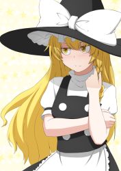Rule 34 | 1girl, apron, bad id, bad pixiv id, blonde hair, blush, bow, braid, full-face blush, hat, hat bow, kashiwagi (pixiv15394393), kirisame marisa, long hair, looking to the side, playing with own hair, puffy sleeves, shirt, short sleeves, side braid, single braid, skirt, skirt set, solo, star (symbol), touhou, turtleneck, upper body, vest, waist apron, witch hat, yellow background, yellow eyes