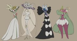 Rule 34 | blue flower, brown background, closed mouth, clothed pokemon, commentary, creatures (company), eyelashes, flower, frills, game freak, gardevoir, gen 3 pokemon, gen 5 pokemon, gen 7 pokemon, gothitelle, hand up, hat, hat flower, highres, nintendo, oimo kenpi, pheromosa, pokemon, pokemon (creature), purple eyes, purple flower, standing, tsareena, ultra beast, white flower, white headwear, yellow flower