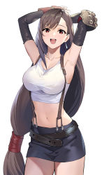 Rule 34 | 1girl, :d, absurdres, armpits, arms up, bare shoulders, belt, black gloves, black hair, black skirt, breasts, cleavage, collarbone, cowboy shot, crop top, elbow gloves, final fantasy, final fantasy vii, gloves, highres, large breasts, long hair, looking at viewer, low-tied long hair, midriff, miniskirt, navel, open mouth, pencil skirt, red eyes, shirt, simple background, skirt, sleeveless, sleeveless shirt, smile, solo, stomach, suspenders, teffish, tifa lockhart, very long hair, white background, white shirt