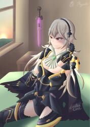 Rule 34 | 1girl, arm at side, armor, armored leotard, armpits, artist name, bad anatomy, bedroom, black cape, black hairband, black leotard, breasts, cape, cleavage, corrin (female) (fire emblem), corrin (fire emblem), day, eyelashes, female focus, fire emblem, fire emblem fates, gauntlets, groin, hair between eyes, hair ornament, hairband, half-closed eyes, hand on own neck, hand up, happy, indoors, intelligent systems, legs, leotard, leotard under clothes, long hair, looking to the side, lustercool, medium breasts, neckerchief, nintendo, official alternate costume, on bed, pointy ears, red eyes, revealing clothes, shoulder armor, sidelocks, signature, sitting, smile, spread legs, sunrise, sword, thighhighs, thighs, wavy hair, weapon, white hair, window, yato (fire emblem)