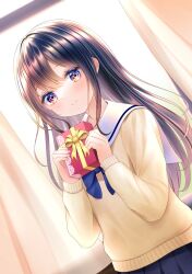 Rule 34 | 1girl, black hair, blush, bow, bowtie, box, curtains, gift, gift box, highres, holding, holding box, indoors, long hair, long sleeves, looking at viewer, original, pleated skirt, purple eyes, school uniform, skirt, smile, solo, sweater, wabi chazuke