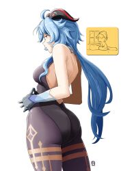 Rule 34 | 1girl, ahoge, ass, automatic giraffe, back, backless leotard, bare shoulders, black gloves, blue hair, bodystocking, breasts, chinese knot, closed mouth, commentary, english commentary, from behind, ganyu (genshin impact), genshin impact, gloves, goat horns, highres, horns, leotard, long hair, medium breasts, pantyhose, purple eyes, solo, white background