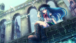 Rule 34 | 1girl, :o, animal, arch, bad id, bad pixiv id, bird, black hat, blue hair, blue skirt, blush, boots, bow, brick, building, center frills, clock, clock tower, cross-laced footwear, crossed legs, dress shirt, eyebrows, feathers, food, frills, from below, fruit, hair between eyes, hat, highres, hinanawi tenshi, lace-up boots, leaf, long hair, looking at viewer, maru daizu (aqua6233), peach, plant, puffy short sleeves, puffy sleeves, red bow, red eyes, shirt, short sleeves, sitting, skirt, solo, touhou, tower, vines, water, white shirt, wind