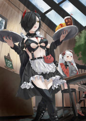 Rule 34 | 2girls, absurdres, apron, azur lane, black footwear, black hair, black legwear, black skirt, boots, breast strap, breasts, cat hair ornament, grey legwear, hachiware (kagisippo2), hair ornament, hand on own cheek, hand on own face, headgear, highres, holding, holding tray, horns, indoors, maid cafe, mechanical horns, medium breasts, miniskirt, multicolored hair, multiple girls, nail polish, o-ring, o-ring top, official alternate costume, open mouth, prinz eugen (azur lane), red eyes, red hair, red horns, red nails, seiza, short hair, sitting, skirt, streaked hair, thighhighs, tray, two-tone hair, ulrich von hutten (azur lane), ulrich von hutten (mayhem maid) (azur lane), waist apron, white apron, white hair, x hair ornament, yellow eyes