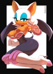 Rule 34 | 1girl, animal ears, animal nose, artist name, bare shoulders, bat ears, bat girl, bat tail, bat wings, bodysuit, boots, border, breast slip, breasts, closed mouth, covered navel, dark-skinned female, dark nipples, dark skin, elbow gloves, eyelashes, full body, furry, furry female, gloves, green eyes, half-closed eyes, hand up, high heels, highres, knee boots, lipstick, looking at viewer, makeup, medium breasts, nipples, no bra, oughta, rouge the bat, skin tight, smile, snout, solo, sonic (series), strapless, tail, underbust, white fur, wings