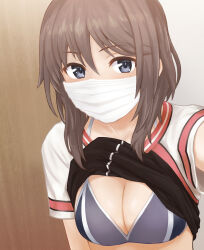 1girl alice_gear_aegis blue_eyes bra breasts brown_hair kosumone kurogane_yuuto lifting_own_clothes looking_at_viewer mask medium_breasts medium_hair mouth_mask selfie solo sports_bra surgical_mask underwear white_mask