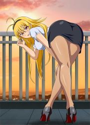Rule 34 | 1girl, ahoge, antenna hair, ass, balcony, bent over, black skirt, blonde hair, breasts, chousen (ikkitousen), curvy, female focus, full body, glasses, hairband, high heels, highres, hip focus, ikkitousen, large breasts, legs, crossed legs, long hair, long legs, looking at viewer, looking back, office lady, open mouth, outdoors, pantyhose, pencil skirt, red eyes, sideboob, skirt, solo, thick thighs, thighs, tongue, very long hair, wide hips