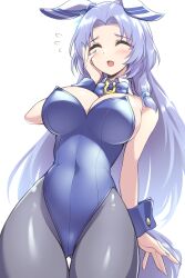 Rule 34 | 1girl, animal ears, blue bow, blue bowtie, blue hair, blue leotard, blue nails, bow, bowtie, breasts, closed eyes, commentary request, cowboy shot, detached collar, ear covers, facing viewer, godolphin barb (umamusume), grey pantyhose, highres, horse ears, horse girl, horse tail, horseshoe ornament, large breasts, leotard, long hair, nail polish, nontraditional playboy bunny, pantyhose, pataneet, solo, strapless, strapless leotard, tail, umamusume
