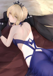Rule 34 | 1girl, absurdres, artoria pendragon (alter swimsuit rider) (fate), artoria pendragon (alter swimsuit rider) (third ascension) (fate), artoria pendragon (fate), ass, ass cutout, back, bare shoulders, black coat, black gloves, blonde hair, blue dress, blush, breasts, butt crack, closed mouth, clothing cutout, coat, commission, dress, fate/grand order, fate (series), gloves, highres, long hair, looking at viewer, looking back, lying, medium breasts, okuma707, on stomach, pixiv commission, tiara, yellow eyes