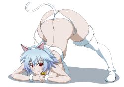 Rule 34 | 1girl, animal ears, ass, bell, blue hair, boots, breasts, cat ears, fake animal ears, fur-trimmed boots, fur trim, highres, huge breasts, infinite stratos, jack-o&#039; challenge, looking at viewer, red eyes, sarashiki tatenashi, shiny skin, short hair, simple background, solo, space gorilla
