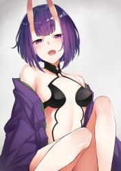 Rule 34 | 1girl, bare shoulders, blush, bokokichi (you), breasts, fangs, fate/grand order, fate (series), horns, japanese clothes, kimono, knees up, looking at viewer, off shoulder, oni, open clothes, open kimono, open mouth, purple eyes, purple hair, purple kimono, revealing clothes, short hair, shuten douji (fate), simple background, sitting, skin-covered horns, small breasts, solo, tsurime