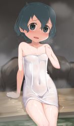 Rule 34 | 1girl, absurdres, black eyes, black hair, blush, breasts, chis (js60216), commentary, covered navel, flying sweatdrops, hair between eyes, highres, kaban (kemono friends), kemono friends, looking at viewer, naked towel, onsen, open mouth, see-through, short hair, sitting, small breasts, smile, solo, sweat, towel, wet towel, white towel