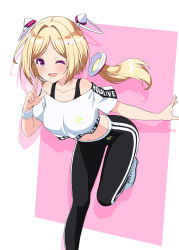 Rule 34 | 1girl, ;d, absurdres, aki rosenthal, asanaya, bent over, blonde hair, blush, bob cut, character name, copyright name, crop top, detached hair, dot nose, drop shadow, eyelashes, hand up, highres, hololive, hololive dance practice uniform, index finger raised, leg up, legs folded, long hair, looking at viewer, low twintails, midriff, navel, off-shoulder shirt, off shoulder, official alternate costume, one eye closed, open mouth, pants, parted bangs, pink background, purple eyes, shirt, shoes, short hair, smile, sneakers, solo, standing, standing on one leg, sweatband, teeth, track pants, twintails, upper teeth only, virtual youtuber, white background, white footwear, white shirt, wristband