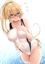 Rule 34 | 1girl, bare shoulders, blue eyes, blush, breasts, cameltoe, cleft of venus, collarbone, competition swimsuit, fate/grand order, fate (series), flying sweatdrops, glasses, highleg, highleg swimsuit, highres, izure (pixiv16392012), jeanne d&#039;arc (fate), jeanne d&#039;arc (ruler) (fate), jeanne d&#039;arc (swimsuit archer) (fate), jeanne d&#039;arc (swimsuit archer) (second ascension) (fate), large breasts, long hair, looking at viewer, nipples, one-piece swimsuit, open mouth, ponytail, see-through, swimsuit, thighs, very long hair, wading, water, wet, white one-piece swimsuit