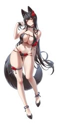 Rule 34 | 1girl, absurdres, animal ear fluff, animal ears, ankle strap, arm behind back, bara (tacco), bare arms, bare legs, bare shoulders, bikini, black bikini, black footwear, black hair, black nails, black tail, blush, breasts, choker, cleavage, closed mouth, commentary, fingernails, flower, fox ears, fox tail, full body, gluteal fold, hair flower, hair ornament, hand in own hair, hand up, highres, large breasts, leaning to the side, legs, long fingernails, long hair, looking at viewer, multi-strapped bikini, nail polish, navel, o-ring, o-ring bikini, original, red eyes, red flower, red rose, rose, sidelocks, simple background, skindentation, solo, stomach, strapless, strapless bikini, swimsuit, symbol-only commentary, tacco (tikeworld), tachi-e, tail, thigh strap, thighs, two-tone bikini, very long hair, white background