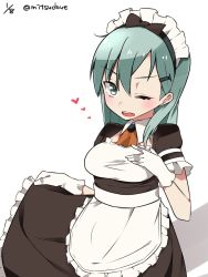 Rule 34 | 10s, 1girl, alternate costume, apron, aqua eyes, aqua hair, bad id, bad twitter id, blush, breasts, brown skirt, check commentary, commentary request, detached collar, enmaided, frills, gloves, hair between eyes, hair ornament, hairclip, hand on own chest, heart, highres, inactive account, kantai collection, long hair, long skirt, looking at viewer, maid, maid apron, maid headdress, mitsudoue, one eye closed, open mouth, short sleeves, simple background, skirt, skirt hold, solo, suzuya (kancolle), twitter username, underbust, waist apron, white background, white gloves