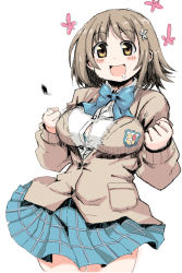 Rule 34 | 10s, 1girl, :d, bow, breasts, brown eyes, brown hair, bursting breasts, buttons, cardigan, hair ornament, hairclip, idolmaster, idolmaster cinderella girls, jumping, large breasts, mimura kanako, omega.ep, open mouth, plaid, plaid skirt, popped button, saliva, school uniform, skirt, smile, solo, straining buttons, wardrobe malfunction