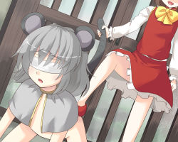 Rule 34 | 2girls, all fours, animal ears, bad id, bad pixiv id, bdsm, blindfold, bottomless, capelet, chen, dress, female focus, femdom, flat chest, holding, holding another&#039;s tail, holding with tail, mouse ears, mouse tail, multiple girls, nazrin, nude, open mouth, prehensile tail, short hair, super masara, tail, tail grab, touhou, you gonna get raped