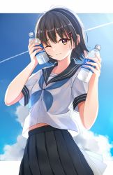 Rule 34 | 1girl, black hair, black sailor collar, black skirt, blue neckerchief, blush, bottle, breasts, closed mouth, commentary request, day, enuni, hair between eyes, hair ornament, hairclip, hands up, highres, holding, holding bottle, navel, neckerchief, one eye closed, original, pleated skirt, sailor collar, school uniform, serafuku, shirt, short sleeves, skirt, small breasts, solo, water bottle, white shirt, yellow eyes