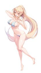 Rule 34 | 1girl, absurdres, bad id, bad twitter id, barefoot, bikini, blonde hair, blush, breasts, cleavage, collarbone, full body, groin, high ponytail, highres, large breasts, leaf, long hair, navel, open mouth, original, red eyes, sidelocks, simple background, solo, standing, standing on one leg, striped bikini, striped clothes, swimsuit, very long hair, white background, zerocat