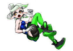 Rule 34 | 1girl, ankle boots, ass, bare shoulders, black footwear, blue dress, boots, bow-shaped hair, breasts, butt crack, cross-shaped pupils, detached collar, dress, earrings, full body, gloves, green hair, green pantyhose, highres, inkling, jewelry, koharu2.5, marie (splatoon), nintendo, pantyhose, pointy ears, red pupils, short dress, short eyebrows, short hair, shorts under dress, simple background, small breasts, solo, splatoon (series), splatoon 1, strapless, strapless dress, suction cups, symbol-shaped pupils, tentacle hair, white background, white gloves, yellow eyes