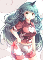 Rule 34 | 1girl, :o, absurdres, aqua hair, blush, breasts, collared shirt, commentary request, contrapposto, cowboy shot, curly hair, green eyes, heart, heart print, highres, horns, kanzakietc, kariyushi shirt, komano aunn, large breasts, long hair, looking at viewer, midriff, one-hour drawing challenge, red shirt, shirt, short sleeves, shorts, single horn, solo, standing, touhou, white background, white shorts