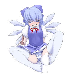 Rule 34 | 1girl, bad id, bad pixiv id, blue eyes, blue hair, blue panties, blush, bow, cameltoe, cirno, drunk, feet, female focus, footjob, grin, hair bow, highres, matching hair/eyes, naughty face, panties, pantyshot, ribbon, seductive smile, sexually suggestive, shishigami (sunagimo), short hair, smile, solo, striped clothes, striped panties, thighhighs, touhou, underwear, wings