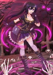 Rule 34 | 1girl, bandages, black gloves, black hair, blush, book, boots, breasts, bug, butterfly, cleavage, fang, full body, gloves, hair ornament, highres, bug, kazenokaze, large breasts, long hair, looking at viewer, magic circle, middle finger, necromancer, open mouth, original, ponytail, purple eyes, shorts, silk, skeleton, skirt, skull hair ornament, smile, solo, spider web, standing, thighhighs, tree
