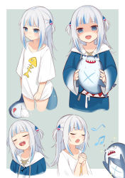 Rule 34 | + +, 1girl, :d, :o, animal hood, bad id, bad pixiv id, beamed eighth notes, bloop (gawr gura), blue eyes, blue hair, clapping, closed eyes, closed mouth, collarbone, commentary, eighth note, fish skeleton, fish skeleton print, furrowed brow, gawr gura, gawr gura (1st costume), hair ornament, head tilt, highres, holding, hololive, hololive english, hood, long hair, looking at another, looking at viewer, looking up, multicolored hair, multiple views, music, musical note, nijyuuhaku, open mouth, own hands clasped, own hands together, shaded face, shark hair ornament, shark hood, sharp teeth, shirt, singing, sleeves past wrists, smile, sparkle, streaked hair, stuffed animal, stuffed shark, stuffed toy, stuffing, sweat, tears, teeth, two side up, upper teeth only, virtual youtuber, white shirt, wide sleeves