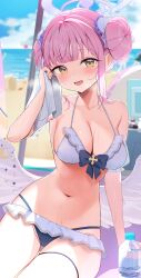 Rule 34 | 1girl, aamana0, absurdres, arm garter, arm support, beach, bikini, blue archive, blurry, blurry background, blush, bottle, breasts, breath, cleavage, collarbone, commentary, double bun, feathered wings, frilled bikini, frills, hair bun, highres, holding, holding towel, looking at viewer, medium breasts, mika (blue archive), navel, open mouth, paid reward available, pink hair, sitting, solo, solo focus, sweatdrop, swimsuit, towel, water bottle, white wings, wings, yellow eyes