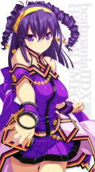 Rule 34 | 1girl, armband, bare shoulders, beatmania, beatmania iidx, bell, blush, breasts, drill hair, fingernails, hairband, halterneck, highres, kinoshita ichi, large breasts, long hair, looking at viewer, outstretched hand, pleated skirt, purple eyes, purple hair, shirt, skirt, smile, solo, sparkle, standing, taut clothes, taut shirt, thigh gap, twintails, umegiri hifumi, wristband