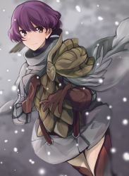 Rule 34 | 1girl, aiueo1234853, anna (fire emblem), armor, bad id, bad twitter id, brown gloves, cape, closed mouth, cosplay, fire emblem, fire emblem: new mystery of the emblem, fire emblem heroes, gloves, grey eyes, katarina (fire emblem), long sleeves, nintendo, purple hair, scale armor, short hair, skirt, smile, snowing, solo