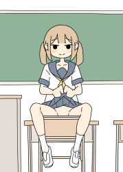 Rule 34 | 1girl, black eyes, blonde hair, blush, classroom, clothes lift, commentary, convenient censoring, desk, flat color, juukyuu, lifted by self, looking at viewer, no panties, on desk, original, school uniform, serafuku, sitting, on desk, skirt, skirt lift, solid circle eyes, solo, twintails