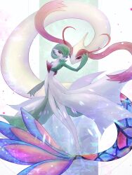 Rule 34 | colored skin, creatures (company), dress, forked tail, game freak, gardevoir, gen 3 pokemon, green hair, gumilask, hair over one eye, hand on another&#039;s face, highres, looking at viewer, milotic, nintendo, pink eyes, pokemon, pokemon (creature), scales, tail, white dress, white skin