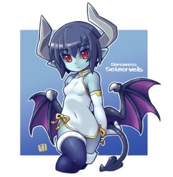 Rule 34 | 1girl, blue hair, blue skin, breasts, character name, china dress, chinese clothes, colored skin, demon girl, demon horns, demon tail, demon wings, dress, elbow gloves, expressionless, female focus, gloves, horns, mawaru (mawaru), pointy ears, red eyes, seizaverus, shinrabanshou, short hair, sleeveless, slit pupils, small breasts, solo, tail, thighhighs, wings