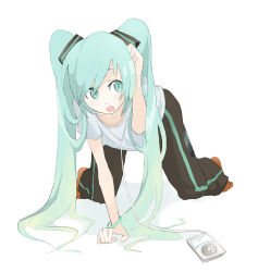 Rule 34 | all fours, blue eyes, blue hair, digital media player, hatsune miku, highres, ipod, long hair, solo, tansuke, twintails, vocaloid